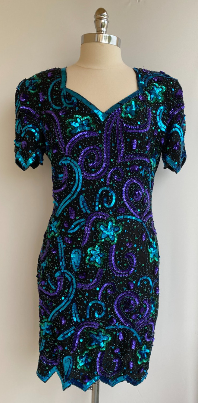 Vintage Retro 1980's Lawrence Kazar Fully Sequinned Evening Dress size Large